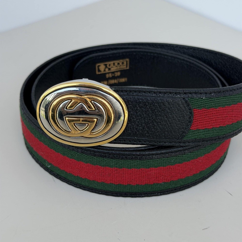 Gucci Interlocking G Oval Two-Tone Buckle Web Canvas Belt – 95/38